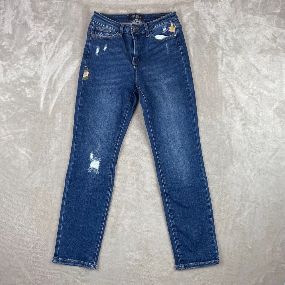 Judy Blue Jeans Women 5/27 Blue Floral Embroidered High‎ Rise Boyfriend Denim